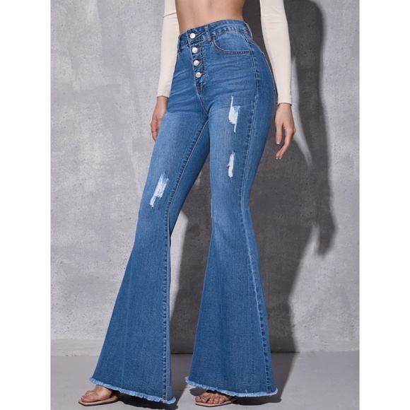 Flared Bell Bottom Jeans Distressed High Waist Blue Denim Button Fly - Picture 3 of 6